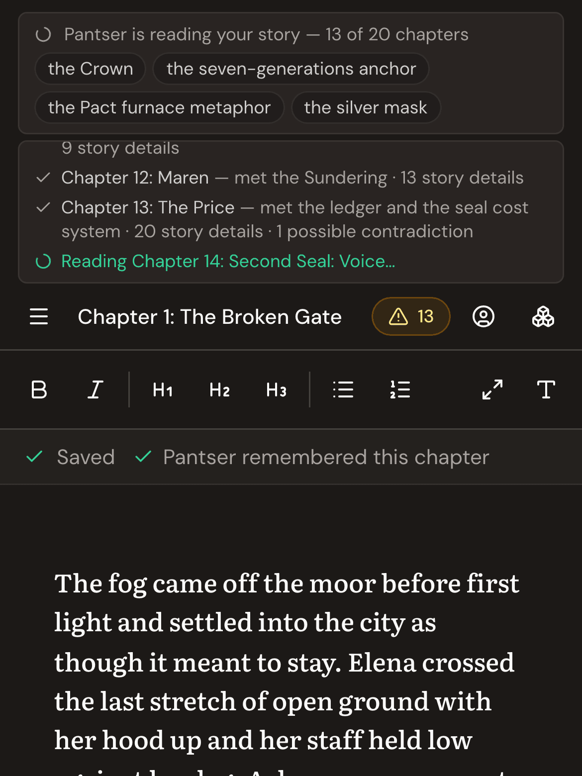 Pantser on a phone mid-import: the reading bar says 13 of 20 chapters with chips for the latest additions such as the Crown and the silver mask, a reading log listing each finished chapter with who arrived, how many story details, and one possible contradiction, and the editor open on Chapter 1 beneath with its saved status and prose