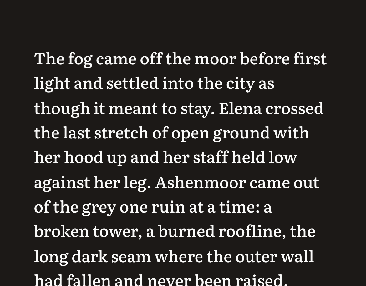 Manuscript prose in the editor on a phone: the opening of The Ashenmoor Saga